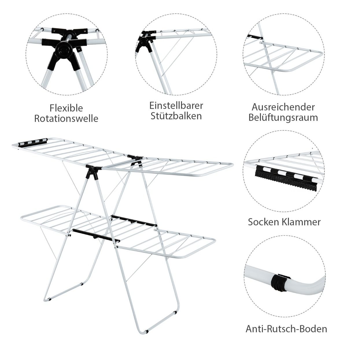 Wäscheständer klappbar, 2-Stufiger, Wäscheständer platzsparend, mit Höhenverstellbaren Flügeln,Wäscheständer balkon, Weiß, Costway, 8