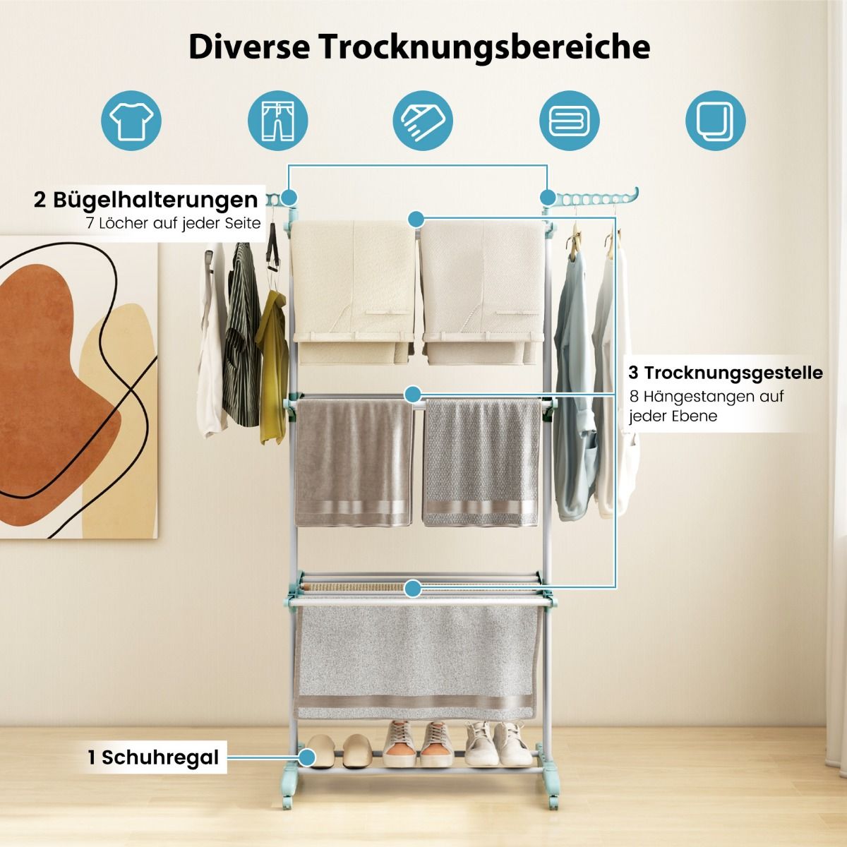Wäscheständer Turm, 4-stufigen, Wäscheständer Klappbar, mit drehbaren Seitenflügeln, wäscheständer balkon, mit rollen, Blau, Costway, 5