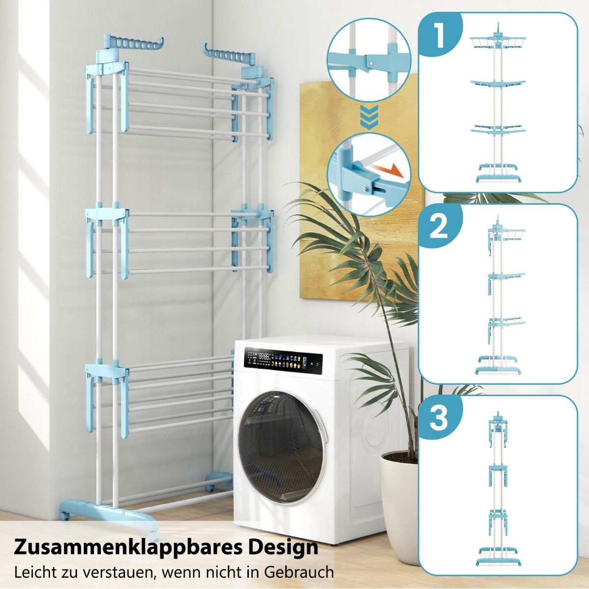 Wäscheständer Turm, 4-stufigen, Wäscheständer Klappbar, mit drehbaren Seitenflügeln, wäscheständer balkon, mit rollen, Blau, Costway, 6