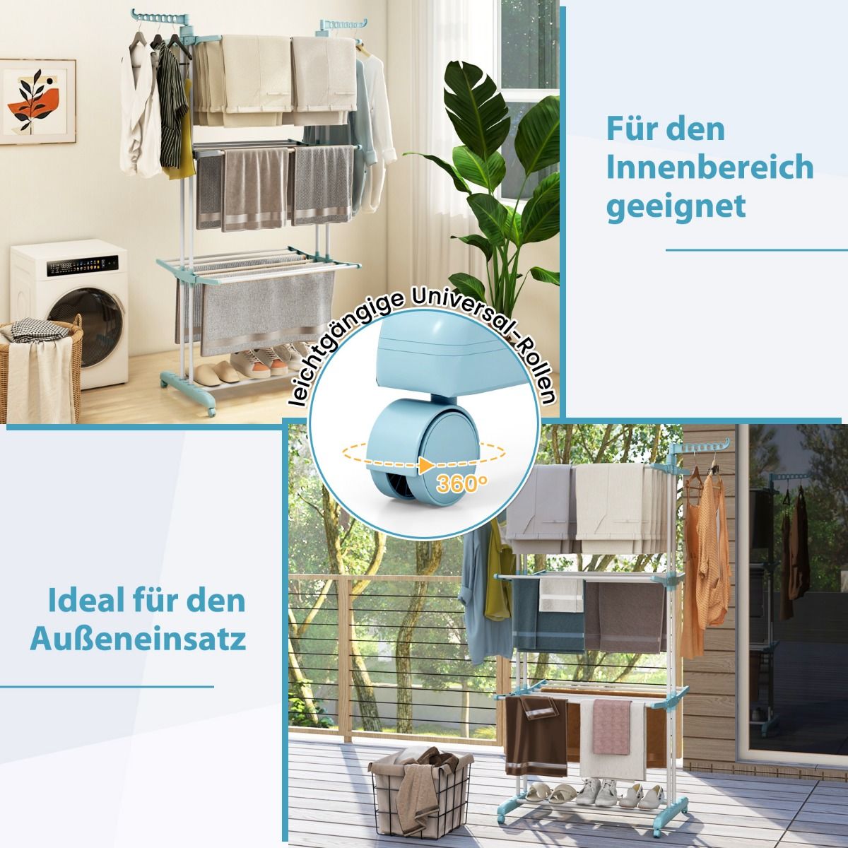 Wäscheständer Turm, 4-stufigen, Wäscheständer Klappbar, mit drehbaren Seitenflügeln, wäscheständer balkon, mit rollen, Blau, Costway, 7