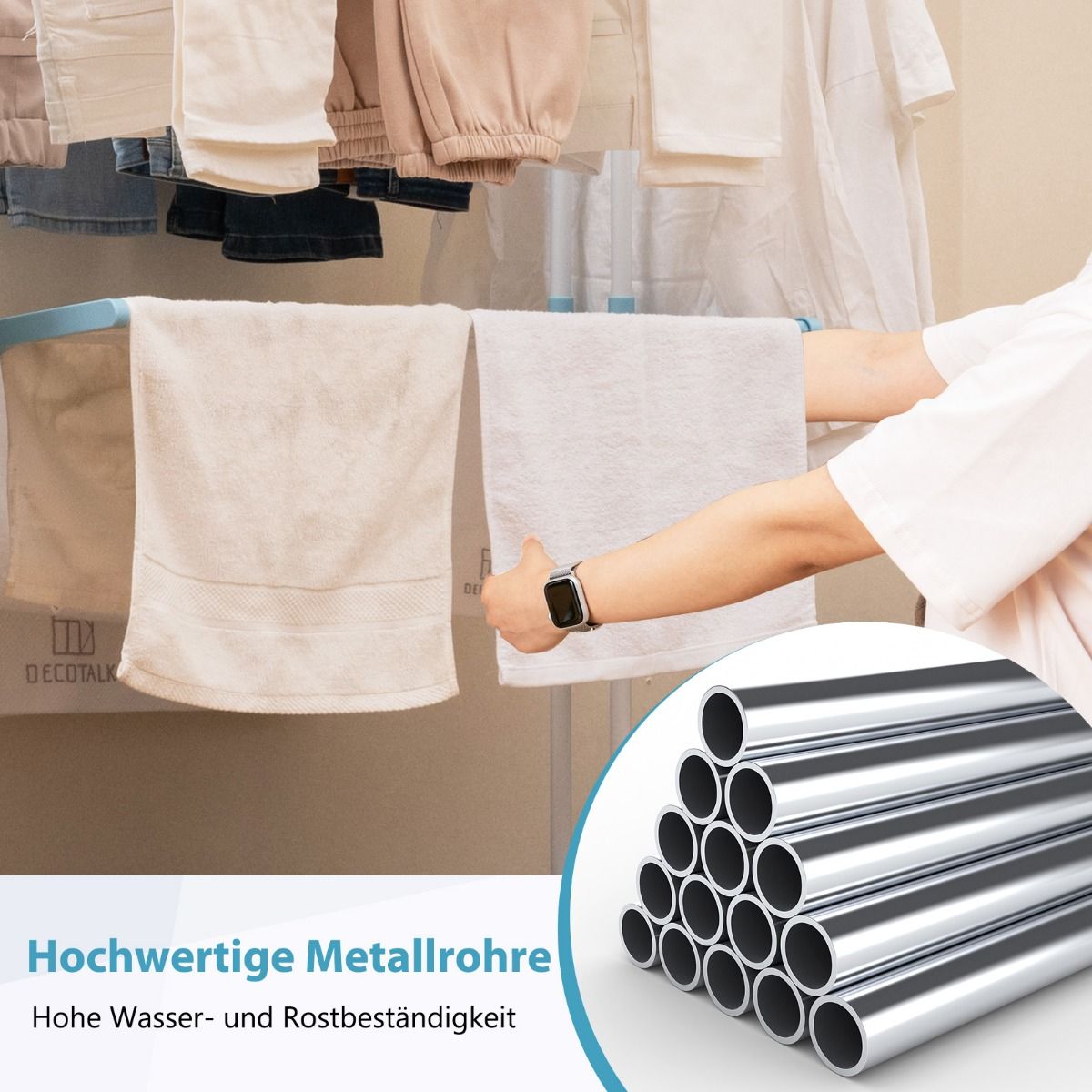 Wäscheständer Turm, 4-stufigen, Wäscheständer Klappbar, mit drehbaren Seitenflügeln, wäscheständer balkon, mit rollen, Blau, Costway, 8