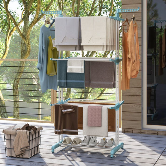 Wäscheständer Turm, 4-stufigen, Wäscheständer Klappbar, mit drehbaren Seitenflügeln, wäscheständer balkon, mit rollen, Blau, Costway, 1