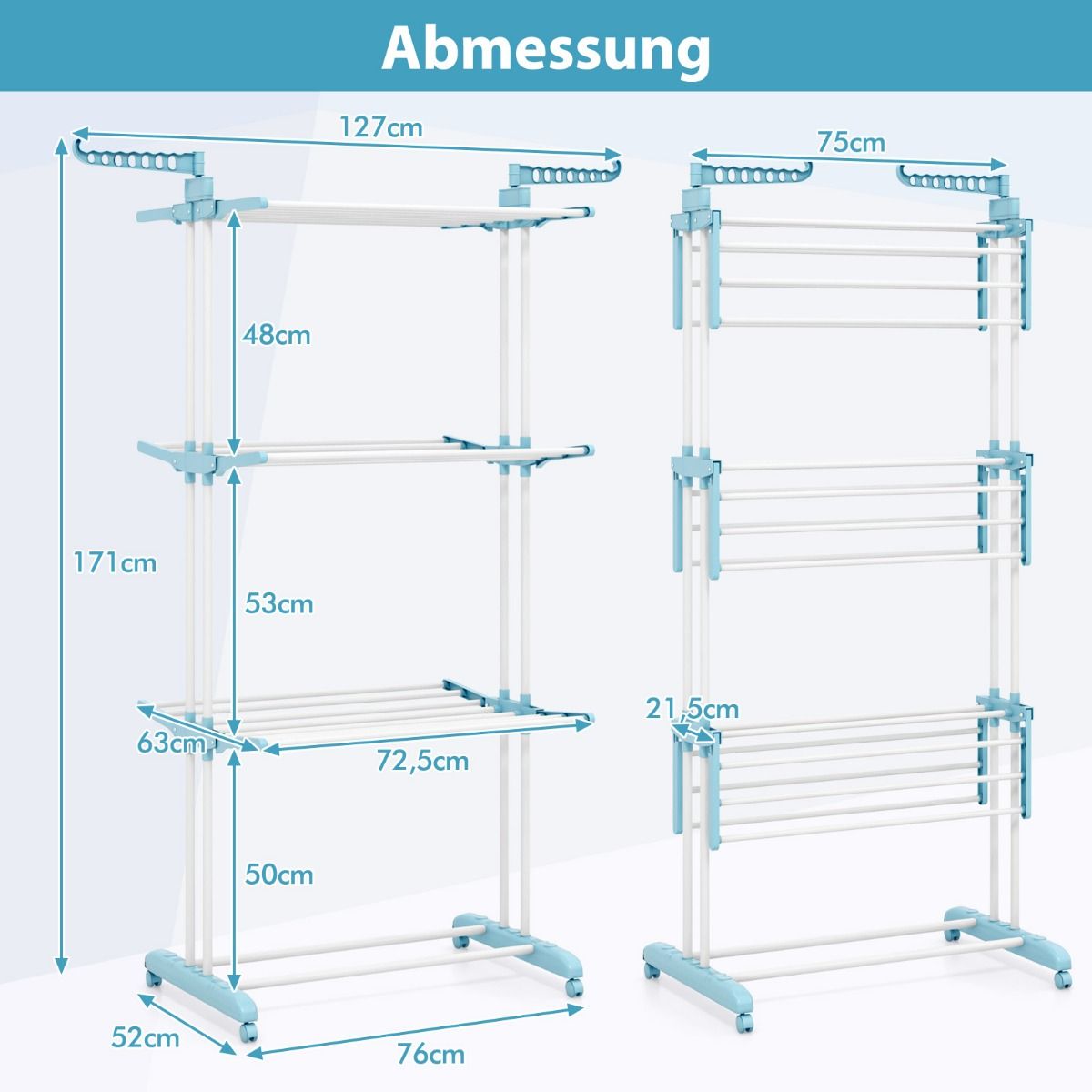 Wäscheständer Turm, 4-stufigen, Wäscheständer Klappbar, mit drehbaren Seitenflügeln, wäscheständer balkon, mit rollen, Blau, Costway, 3