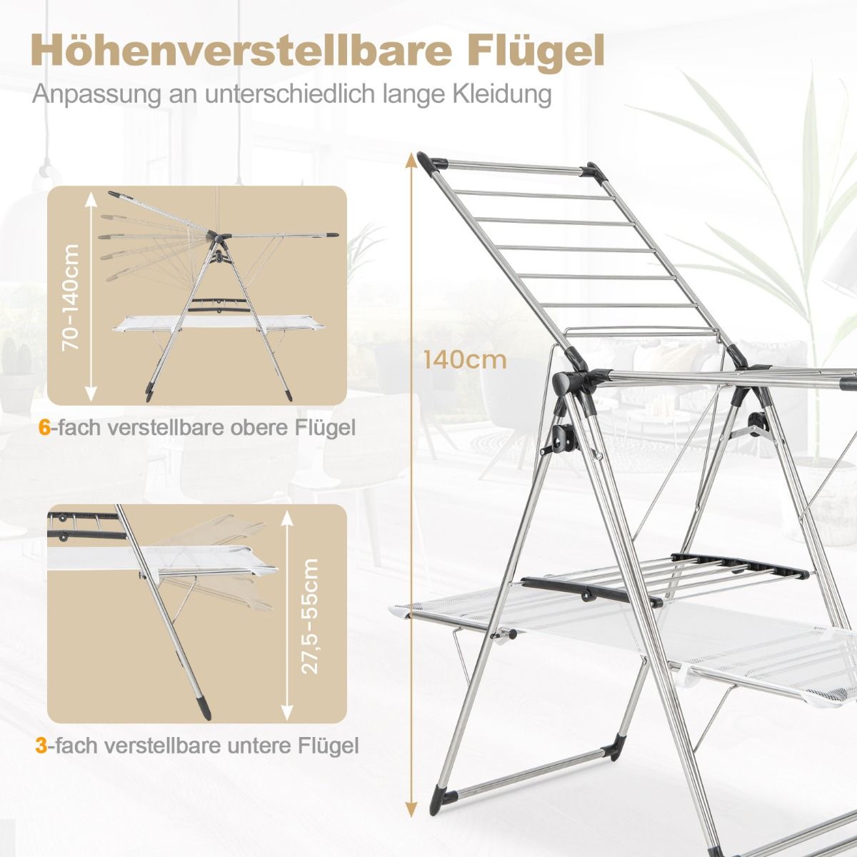 Wäscheständer, mit kleiderstange 2-stufiger, Wäscheständer balkon, Edelstahl, Wäscheständer stabil, Silber, Costway, 5