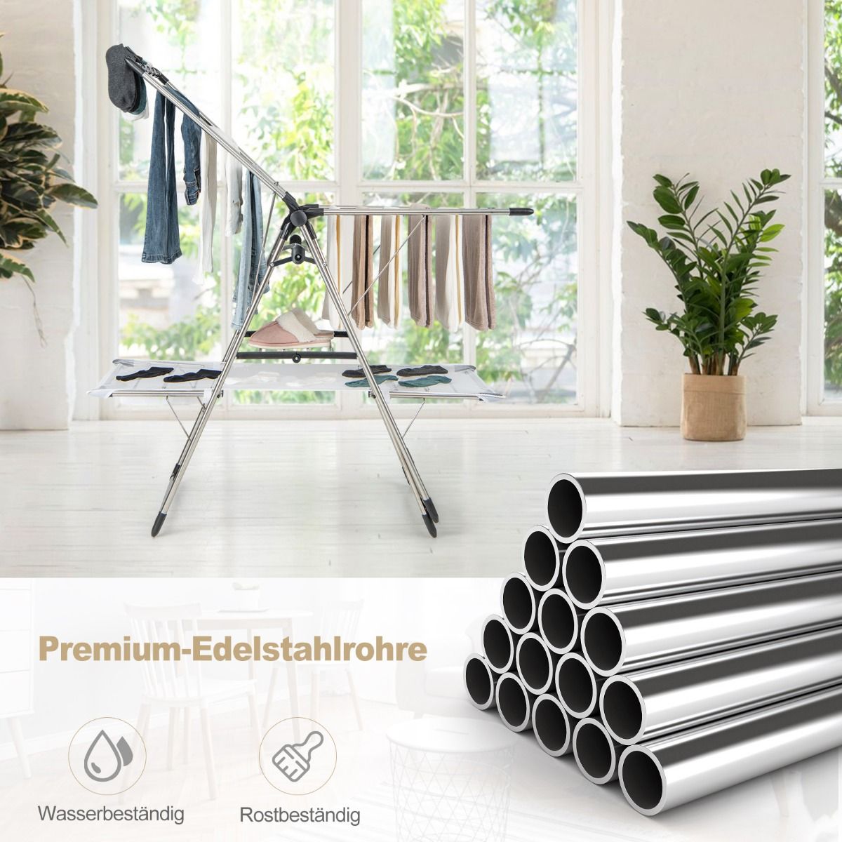 Wäscheständer, mit kleiderstange 2-stufiger, Wäscheständer balkon, Edelstahl, Wäscheständer stabil, Silber, Costway, 6