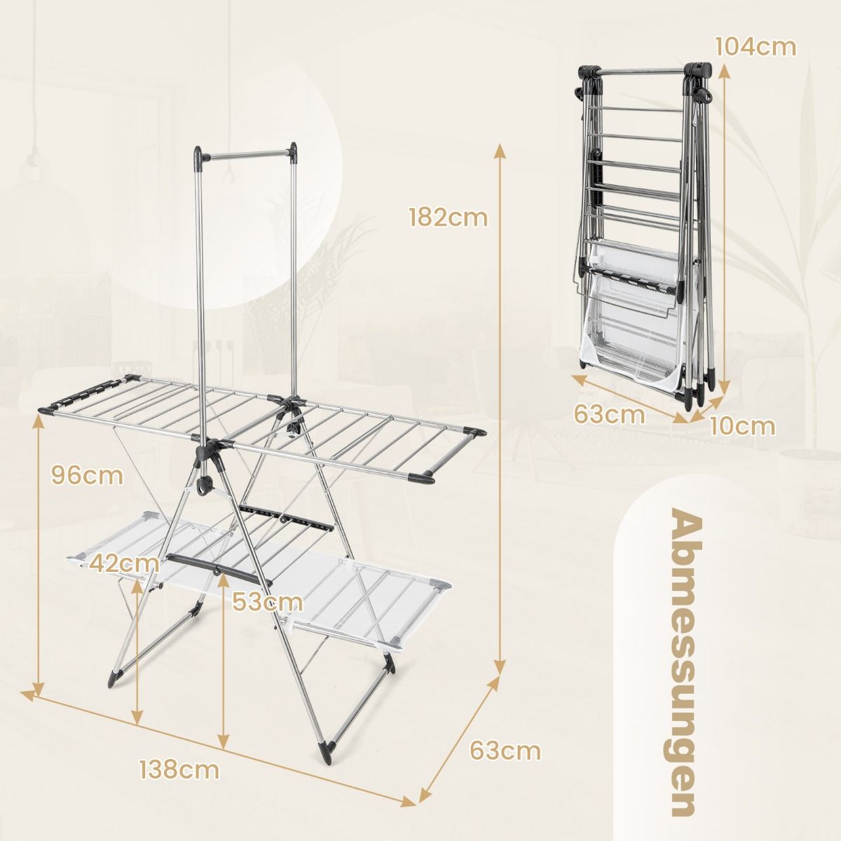 Wäscheständer, mit kleiderstange 2-stufiger, Wäscheständer balkon, Edelstahl, Wäscheständer stabil, Silber, Costway, 4