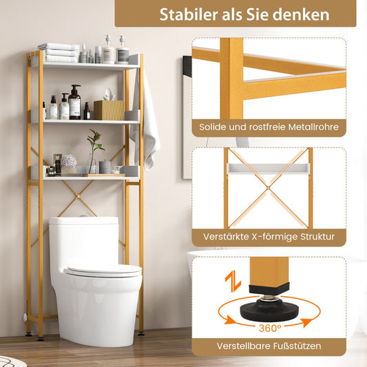 Toilettenregal, 3-stufiges Toilettenregal, mit 4 Haken & Verstellbaren Füßen Platzsparendes Badregal, Weiß, Costway, 1