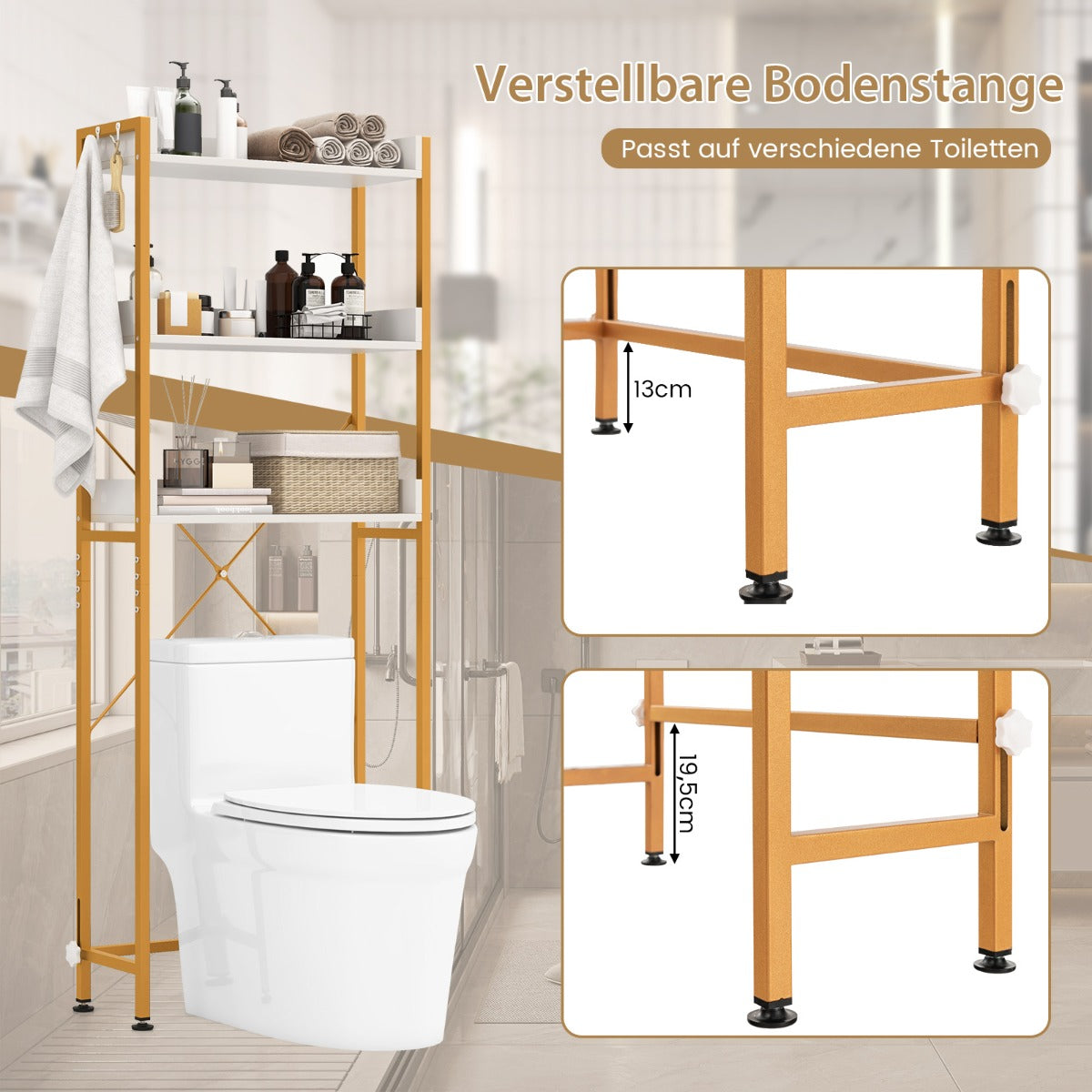 Toilettenregal, 3-stufiges Toilettenregal, mit 4 Haken & Verstellbaren Füßen Platzsparendes Badregal, Weiß, Costway, 2