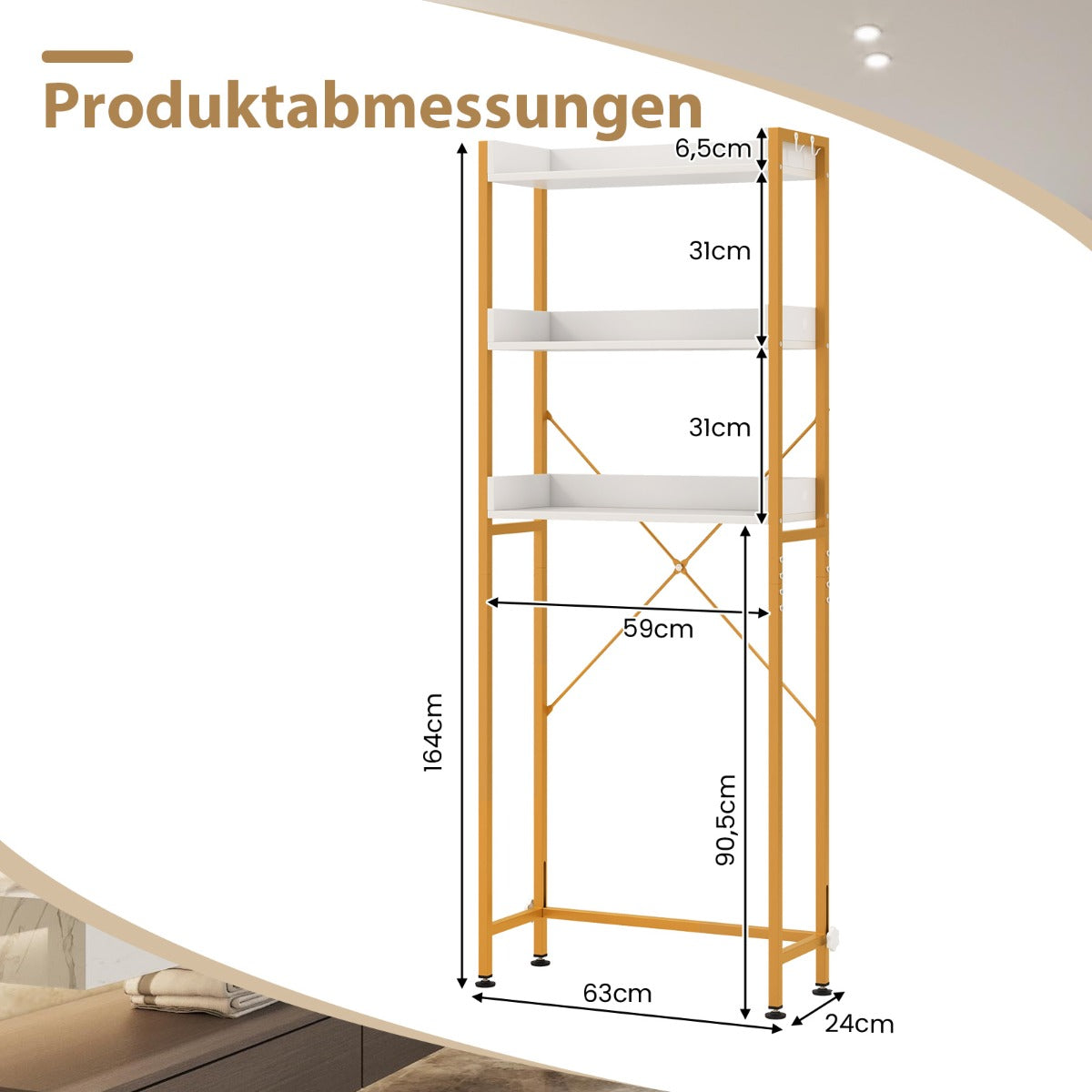 Toilettenregal, 3-stufiges Toilettenregal, mit 4 Haken & Verstellbaren Füßen Platzsparendes Badregal, Weiß, Costway, 5