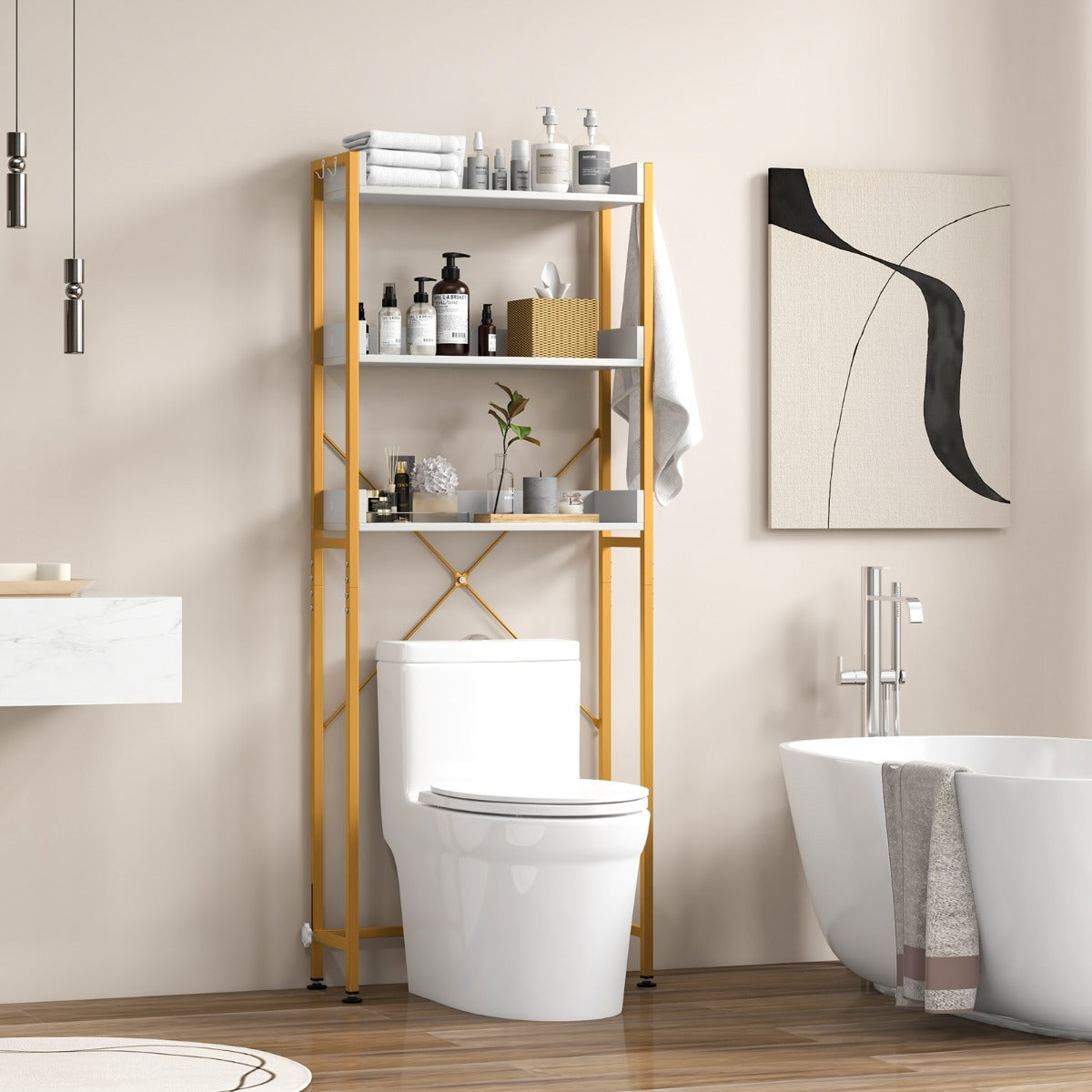 Toilettenregal, 3-stufiges Toilettenregal, mit 4 Haken & Verstellbaren Füßen Platzsparendes Badregal, Weiß, Costway, 6