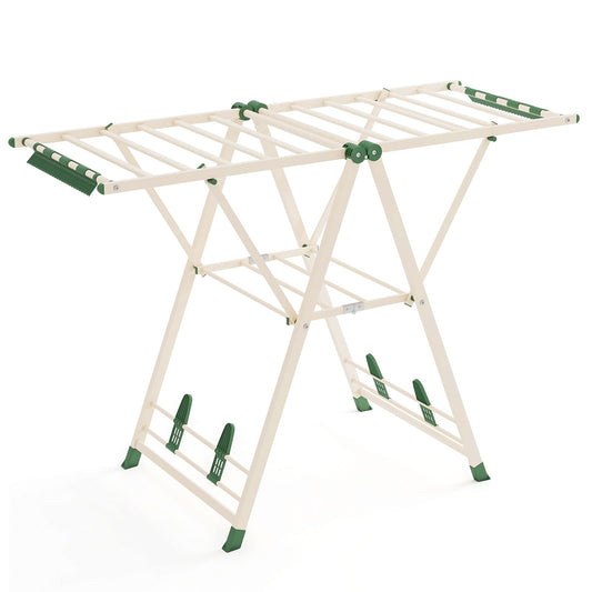 Wäscheständer klappbar, mit verstellbaren Flügeln, Sockenklammern & Schuhablage, Wäscheständer Balkon, Beige, Costway, 2