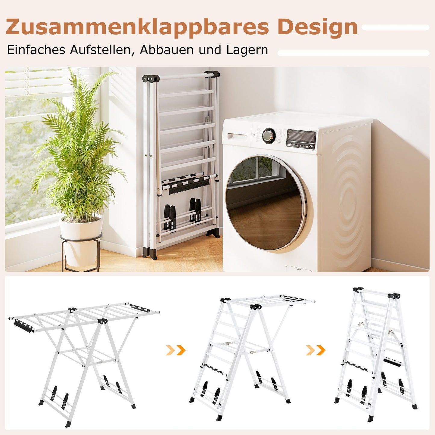 Wäscheständer klappbar, mit verstellbaren Flügeln, Wäscheständer balkon, Wäscheständer Platzsparend, Weiß, Costway, 7