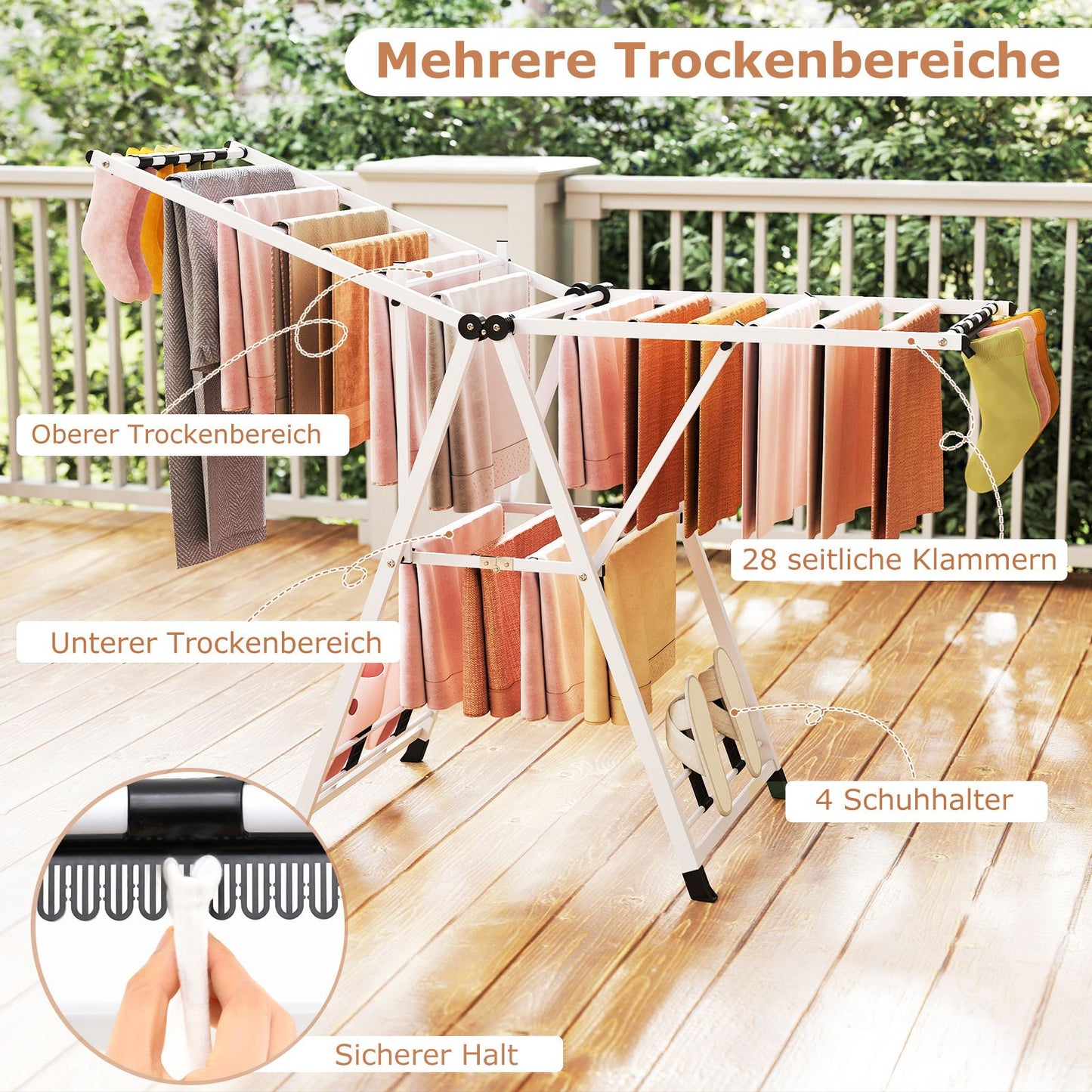 wäscheständer platzsparend, Wäscheständer klappbar, mit verstellbaren Flügeln, Lange 163 cm, Weiß, Costway, 7