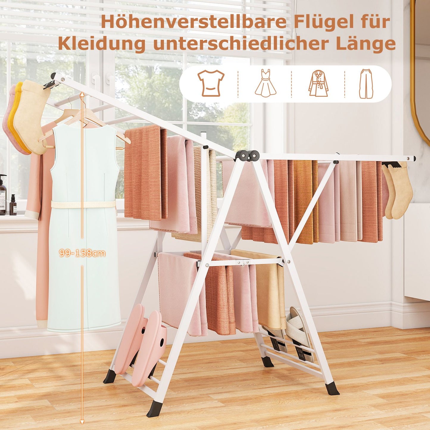 wäscheständer platzsparend, Wäscheständer klappbar, mit verstellbaren Flügeln, Lange 163 cm, Weiß, Costway, 8