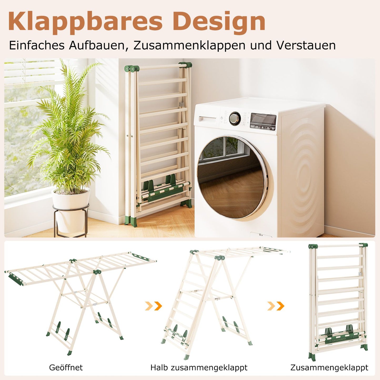 Wäscheständer Platzsparend, Wäscheständer Klappbar, Höhenverstellbare Flügeln Wäschetrockner, Beige, Costway, 5