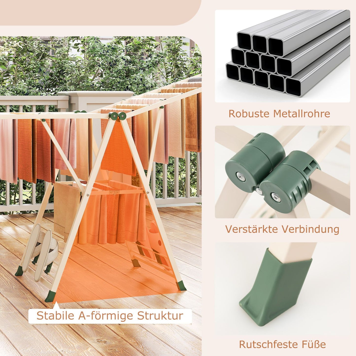 Wäscheständer Platzsparend, Wäscheständer Klappbar, Höhenverstellbare Flügeln Wäschetrockner, Beige, Costway, 7