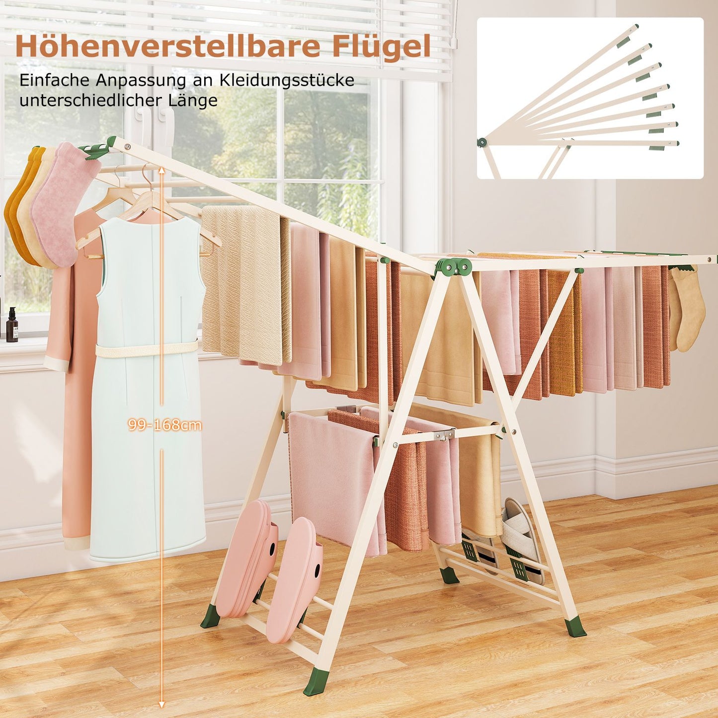 Wäscheständer Platzsparend, Wäscheständer Klappbar, Höhenverstellbare Flügeln Wäschetrockner, Beige, Costway, 8