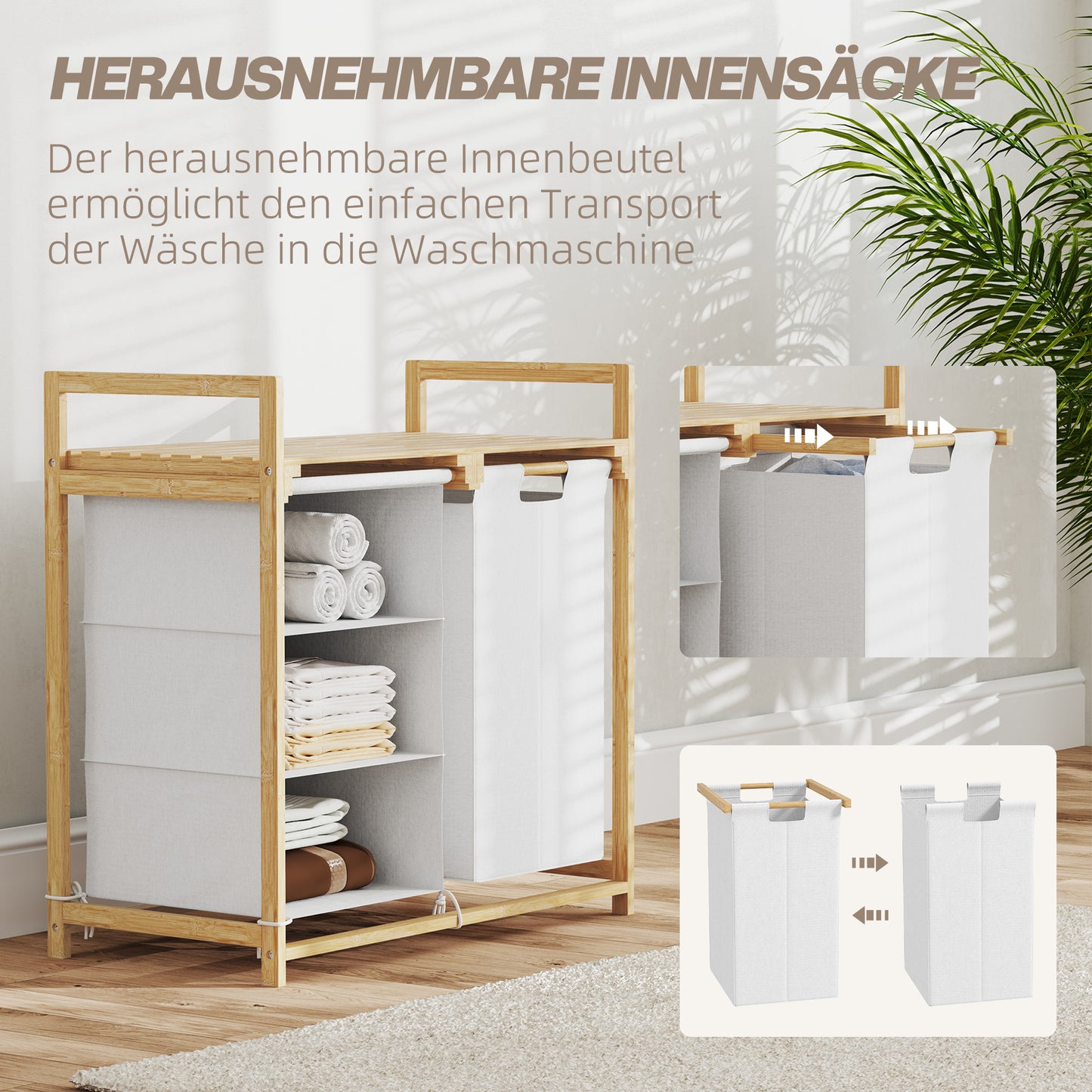 Wäschekorb, 83L, Wäschesammler, 4 Fächer, Wäschebox, Badezimmer Regal, mit offene Ablagen, Bambus, Weiß, HOMCOM, 5
