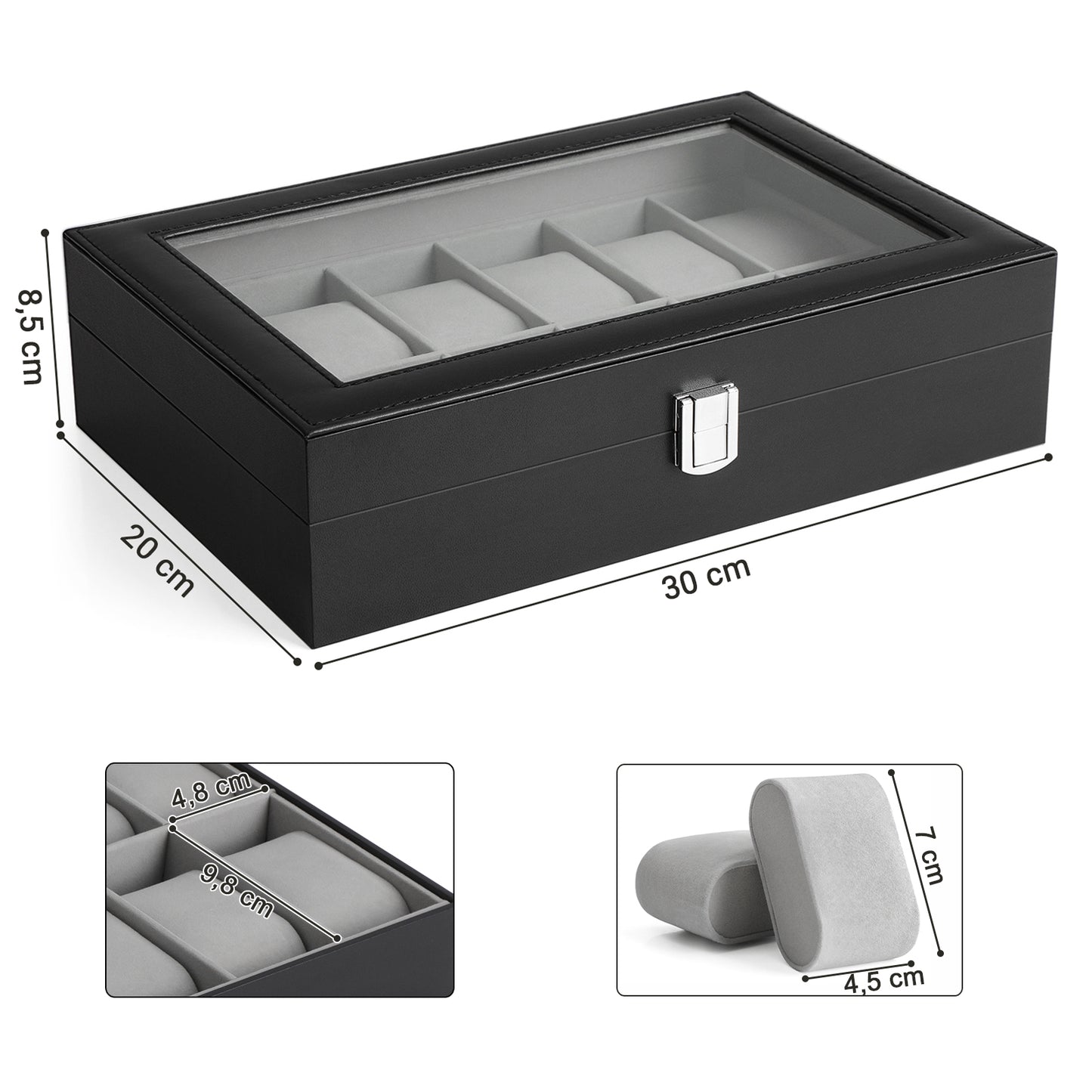 Songmics - Uhrenbox mit 12 Fächern, Uhrenkasten mit Glasdeckel, Uhrenkoffer mit herausnehmbaren Uhrenkissen, Weihnachten, Premium-Uhrenschatulle
