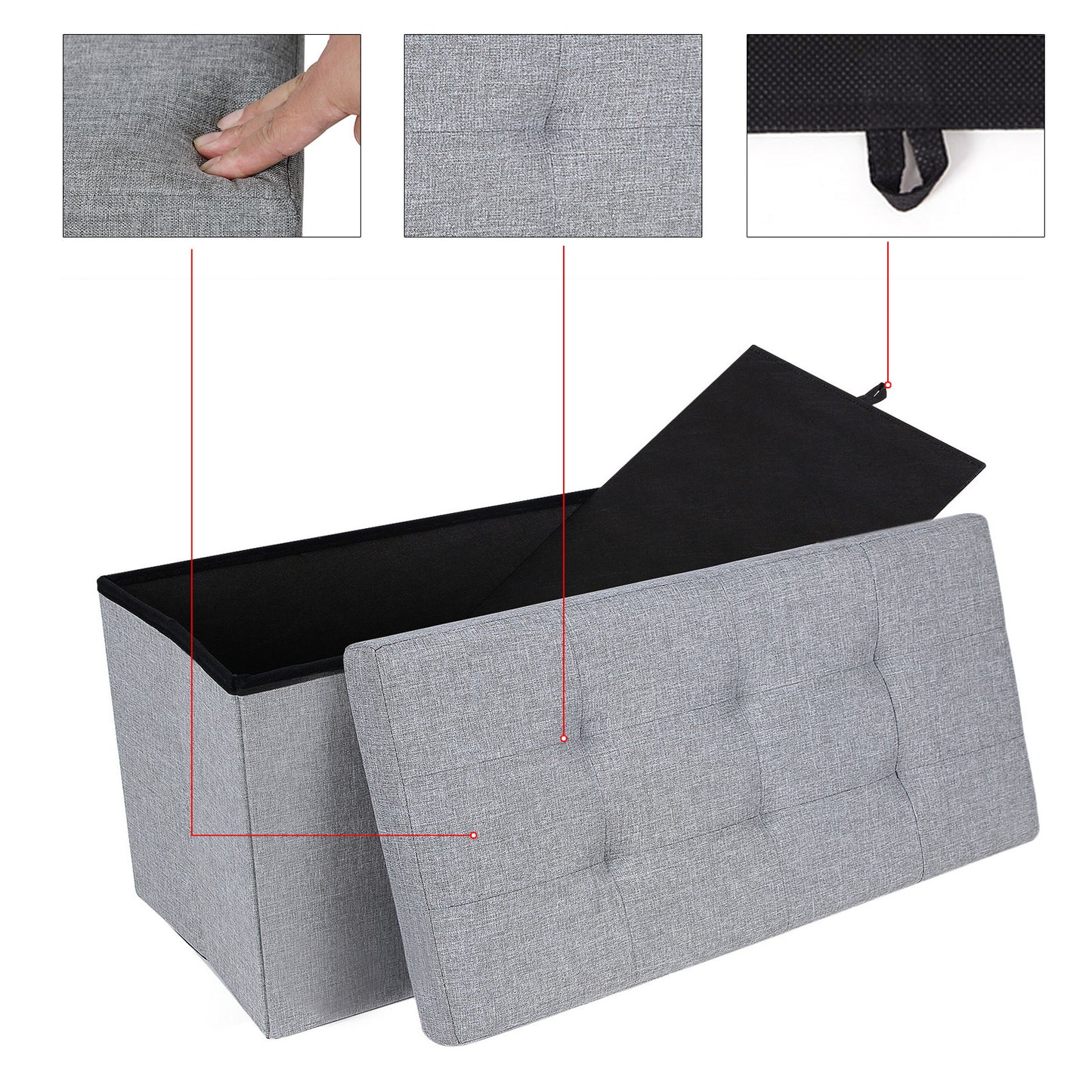 Songmics - Sitzbank, mit Stauraum, Sitztruhe, Sitzhocker, Aufbewahrungsbox, Fußablage, Faltbar, belastbar bis 300 kg, 80 L, Leinenimitat, Hellgrau