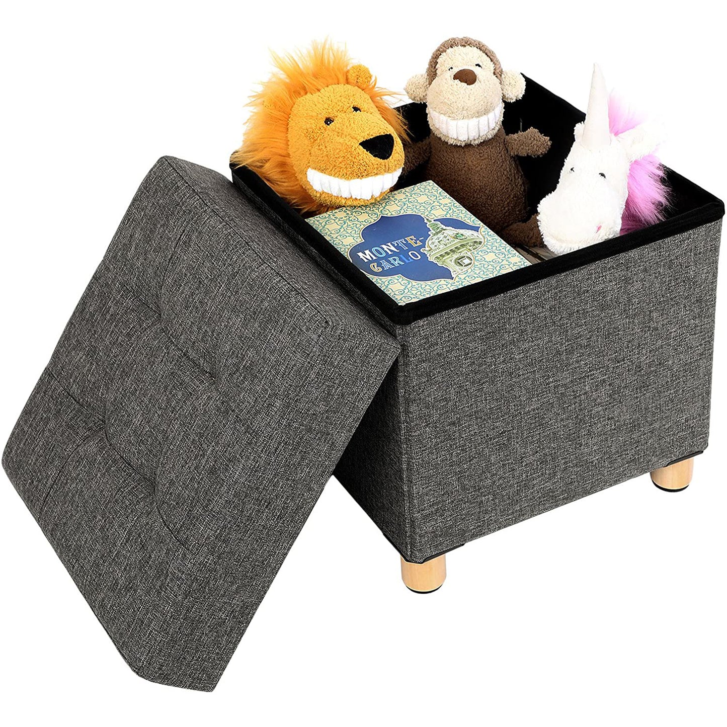 Songmics - Sitzhocker, Faltbare Sitztruhe mit Deckel, Füße aus Massivholz, bis 300 kg belastbar, für Wohnzimmer, Flur, Kinderzimmer, Dunkelgrau