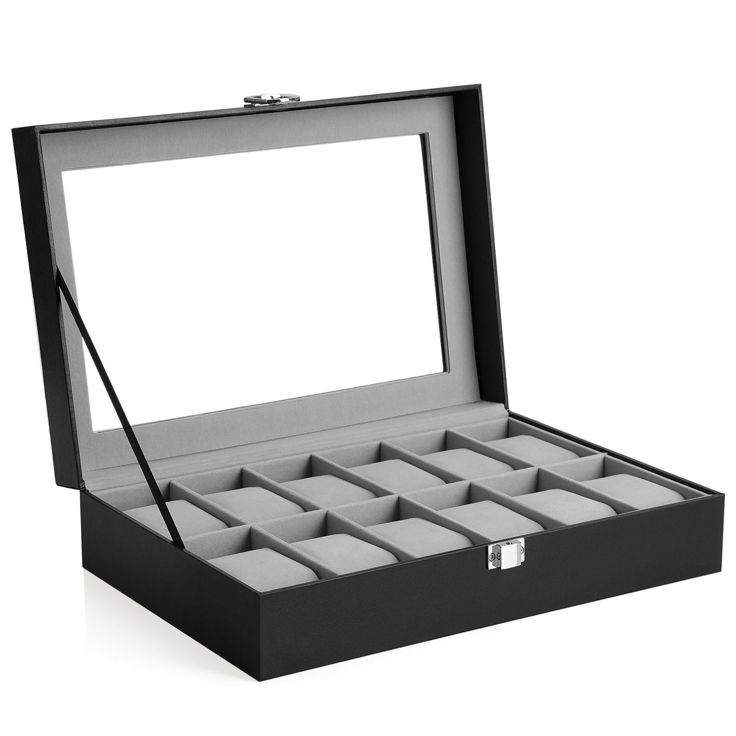 Songmics - Uhrenbox mit 12 Fächern, Uhrenkasten mit Glasdeckel, Uhrenkoffer mit herausnehmbaren Uhrenkissen, Weihnachten, Premium-Uhrenschatulle