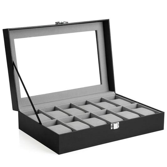 Songmics - Uhrenbox mit 12 Fächern, Uhrenkasten mit Glasdeckel, Uhrenkoffer mit herausnehmbaren Uhrenkissen, Weihnachten, Premium-Uhrenschatulle