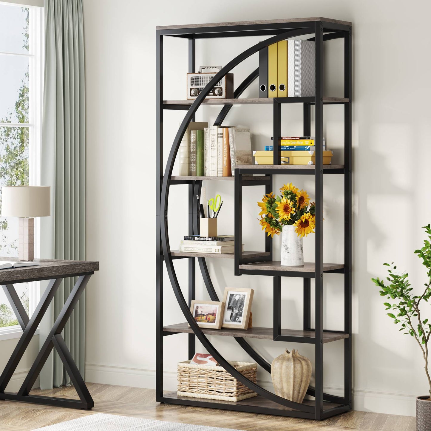 Tribesigns - Bücherregal, Industrielles 5-stöckiges Bücherregal, 180 cm hohes Bücherregal mit 8 offenen Lagerregalen, Tack Regaleinheit, Grau