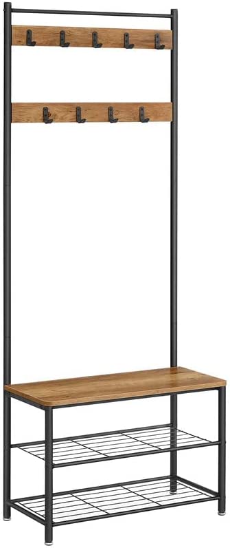 VASAGLE - Garderobenständer, Kleiderständer mit Schuhablagen, Schuhregal mit Sitzfläche, für Flur, mit Haken, 3 Ablagen, aus Metall, Höhe 175 cm