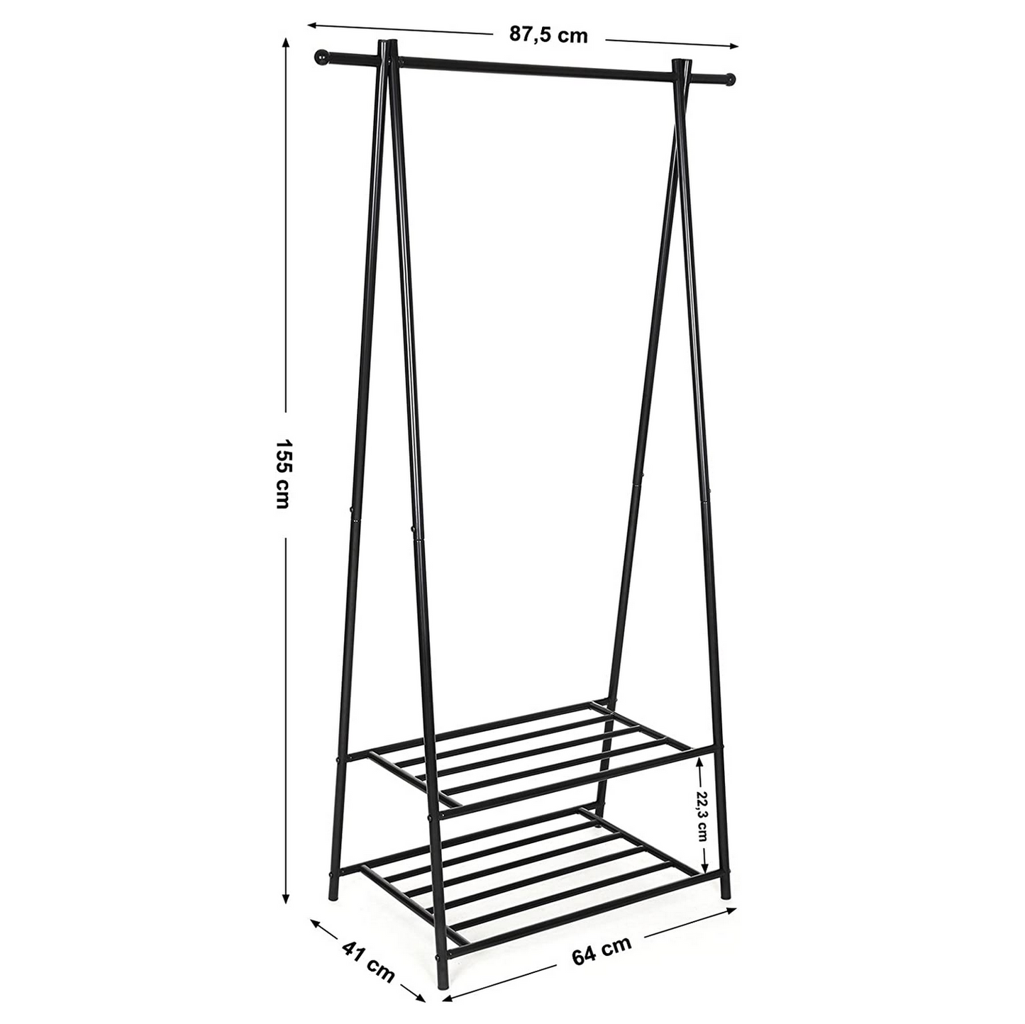 SONGMICS - Kleiderständer, Garderobenständer, Garderobe, Kleiderstange + 2 Ablagen für Schuhe und Boxen, ideal für Schlafzimmer, Flur, Büro, schwarz