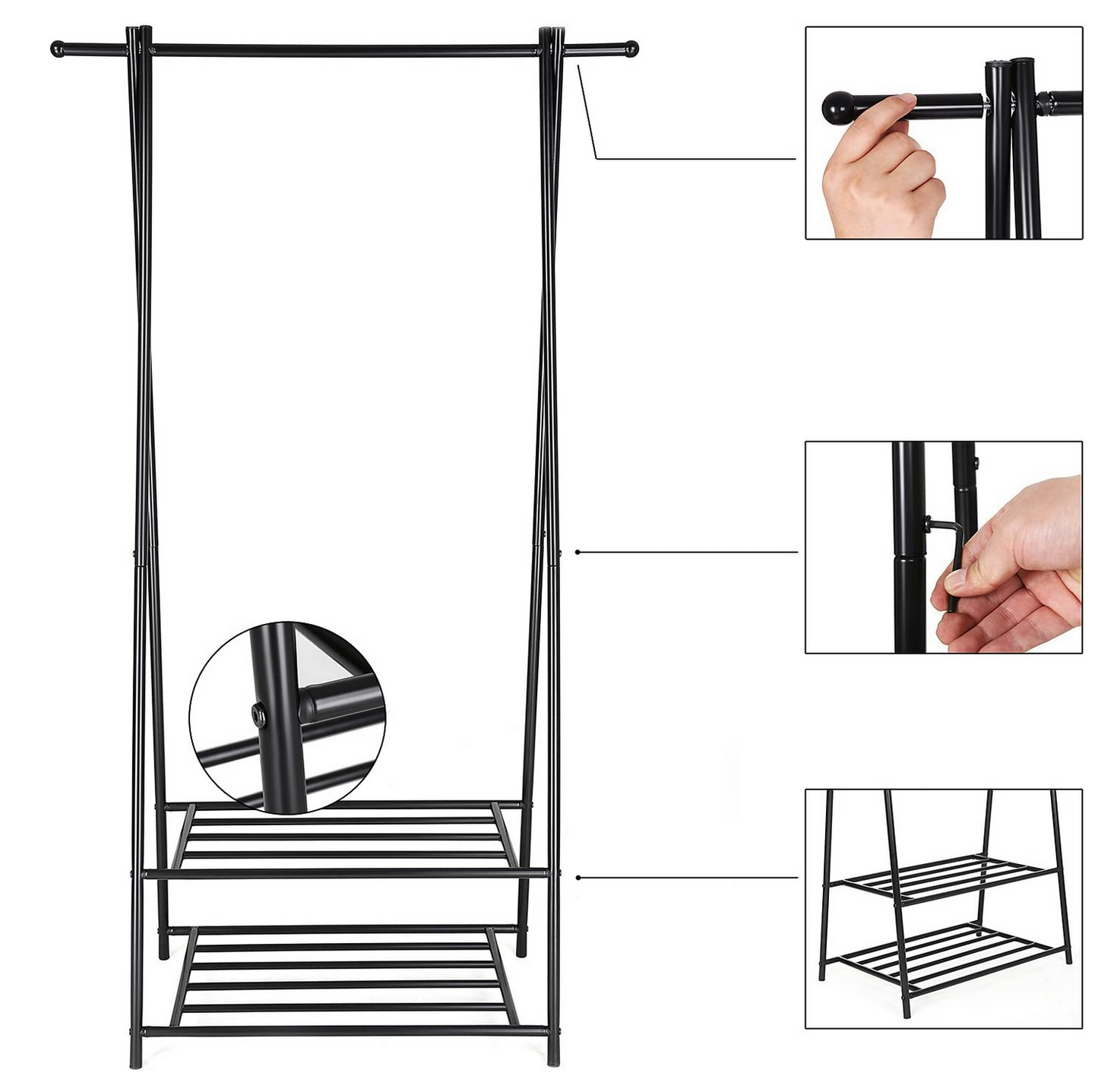 SONGMICS - Kleiderständer, Garderobenständer, Garderobe, Kleiderstange + 2 Ablagen für Schuhe und Boxen, ideal für Schlafzimmer, Flur, Büro, schwarz