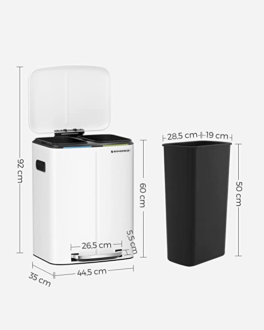 SONGMICS - Mülleimer mit 2 Fächern 40 L, 2 x 20 L, Abfalleimer, Treteimer aus Metall, mit Klappdeckel und Griffen, Softclose, luftdicht, weiß