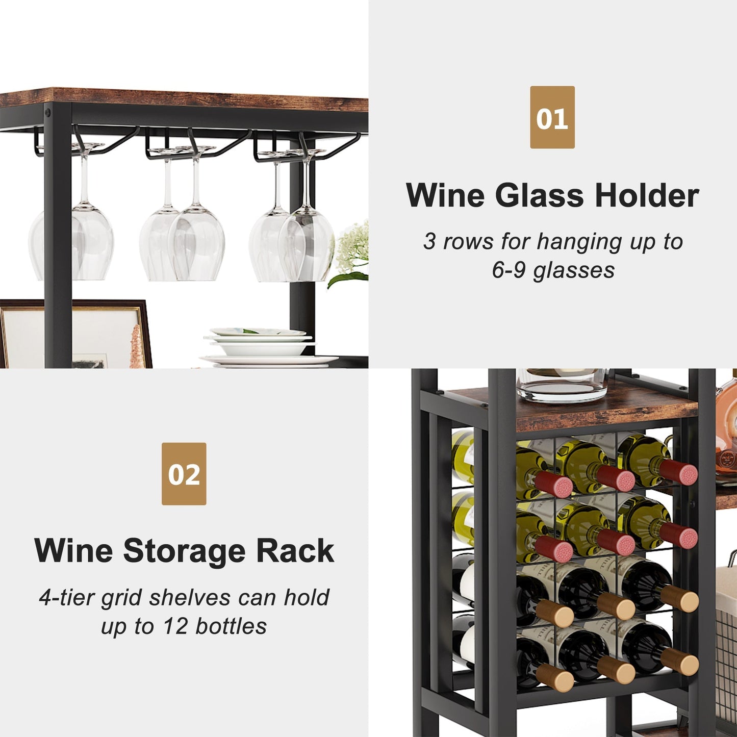 Weinregal, Flaschenregal, Weinregal Freistehender, 5-stöckiges Weinregal mit Glashalter & Weinaufbewahrung, Tribesigns, 6