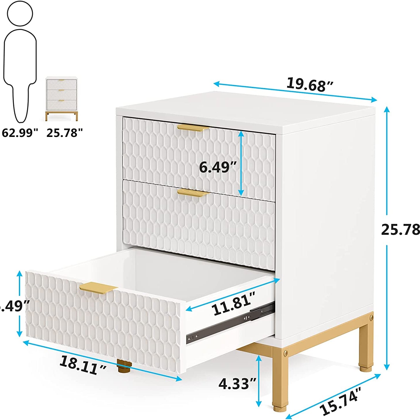 Nachttisch, Nachttisch weiß, Nachttisch Schmal, Kleiner Nachttisch, Nachttisch Schlafzimmer, mit 3 Schubladen, Tribesigns, 8