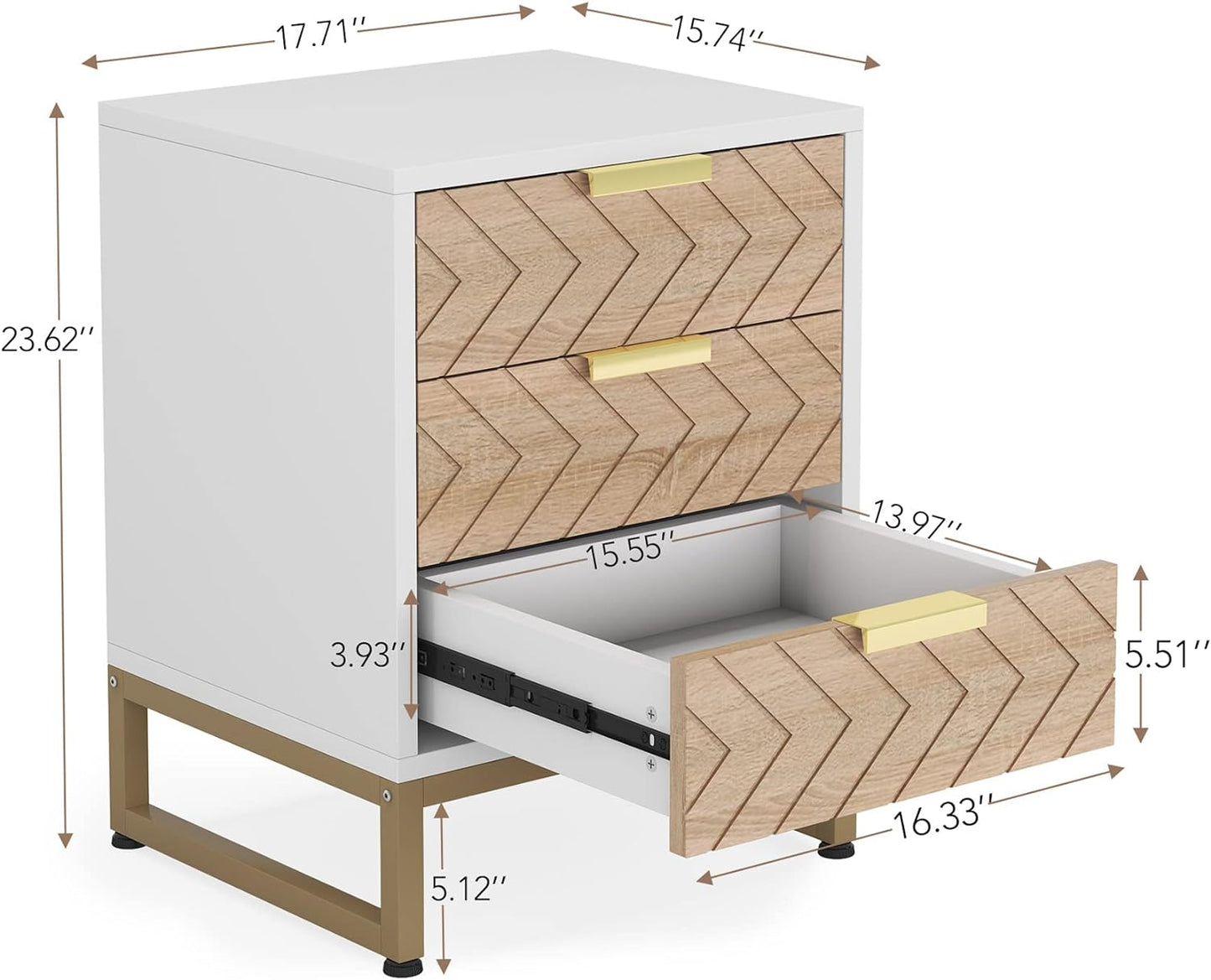 Tribesigns - Nachttisch mit 3 Schubladen, Nachttisch mit einzigartigem Zickzack Design, Beistelltisch für Schlafzimmer und Wohnzimmer, Weiß & Gold