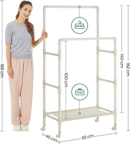 Kleiderständer, Garderobenständer, Kleiderständer klein, Metall, mit 2 Kleiderstangen, 1 Ablage, 4 Rollen, weiß, SONGMICS, 2