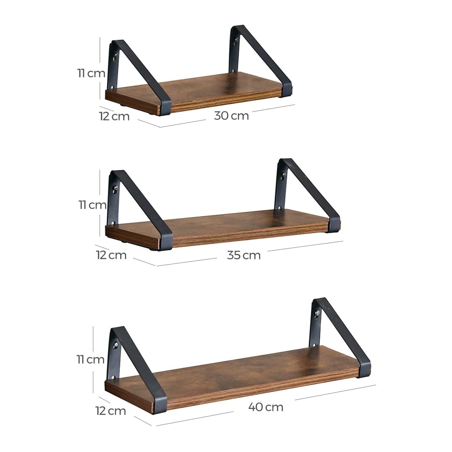 Wandregal, Wandregal im Industrie-Design, Schweberegal, 3er Set, Wandmontage, stabiles Regal zur Präsentation, Vasagle, 6