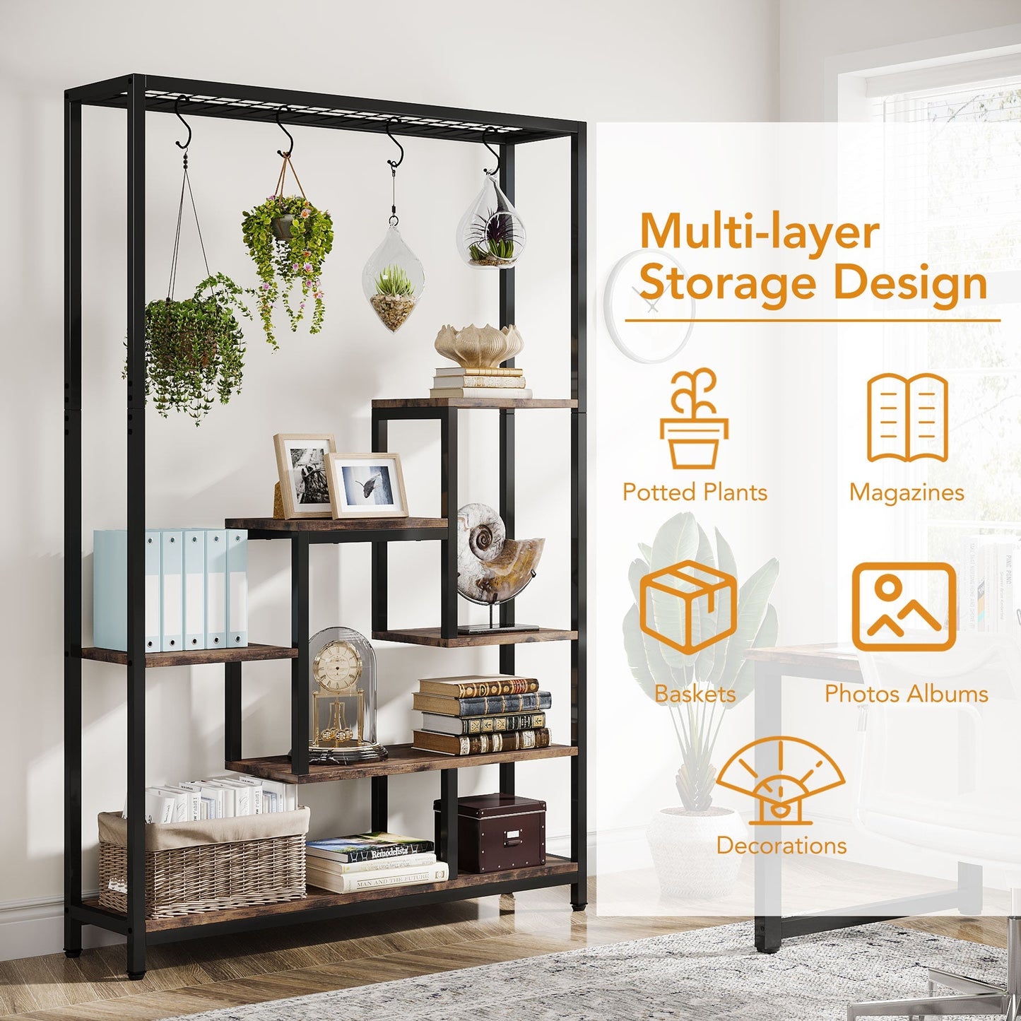 Pflanzenregal, Blumenständer, Pflanzenregal Hoch, 180cm, 5 Ebenen Pflanzenregal mit 10 S-Haken, Metall, Tribesigns, 6