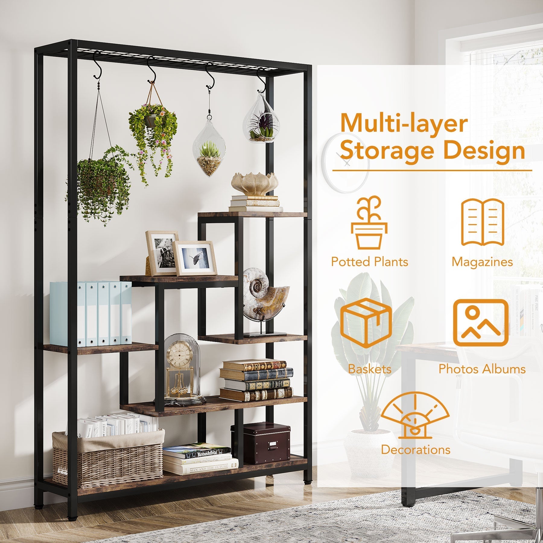 Pflanzenregal, Blumenständer, Pflanzenregal Hoch, 180cm, 5 Ebenen Pflanzenregal mit 10 S-Haken, Metall, Tribesigns, 6