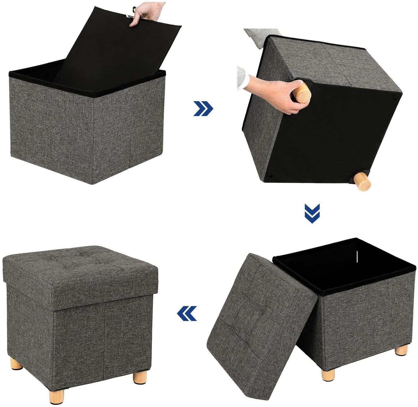 Songmics - Sitzhocker, Faltbare Sitztruhe mit Deckel, Füße aus Massivholz, bis 300 kg belastbar, für Wohnzimmer, Flur, Kinderzimmer, Dunkelgrau