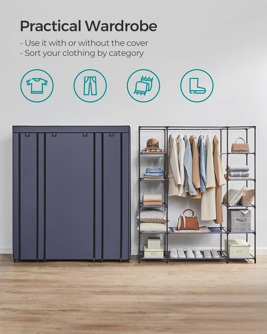 SONGMICS - Kleiderschrank, Stoffschrank, mit Überzug aus Vliesstoff, Faltschrank mit Kleiderstange, 12 Ablagen, Metallrahmen, Marineblau