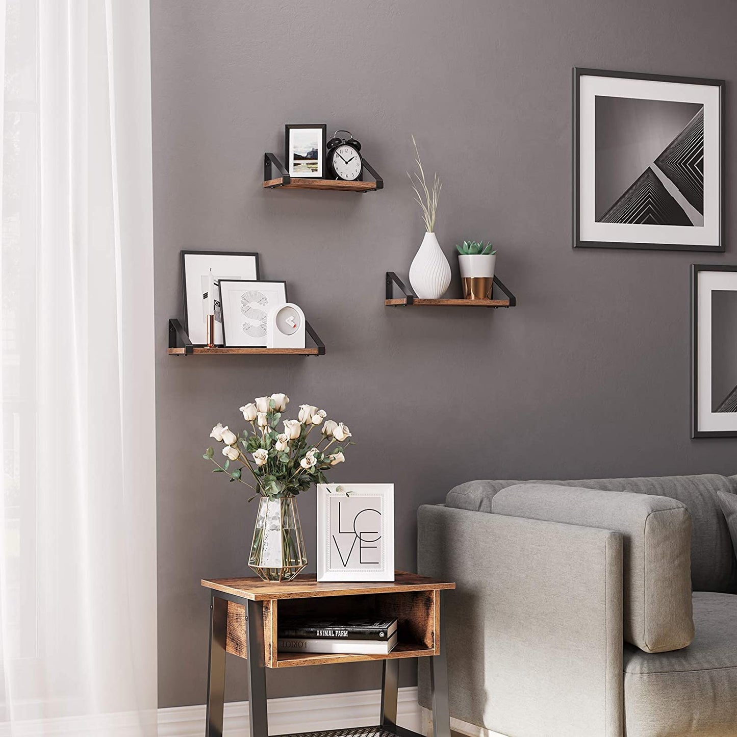 Wandregal, Wandregal im Industrie-Design, Schweberegal, 3er Set, Wandmontage, stabiles Regal zur Präsentation, Vasagle, 1
