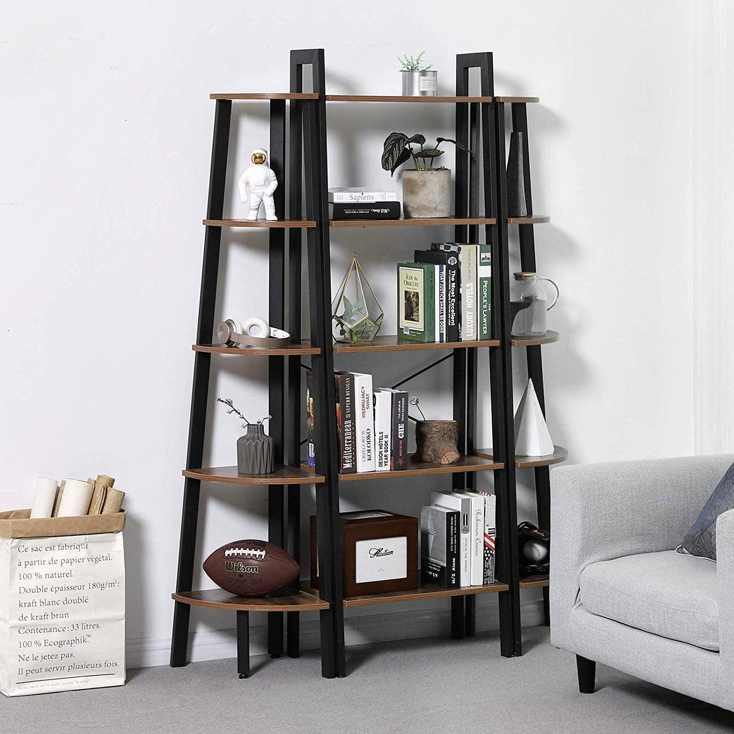 Vasagle - Standregal, Bücherregal mit 5 Ablagen, mit Metallgestell, einfache Montage, für Wohnzimmer, Schlafzimmer, Küche, Vintagebraun-Schwarz