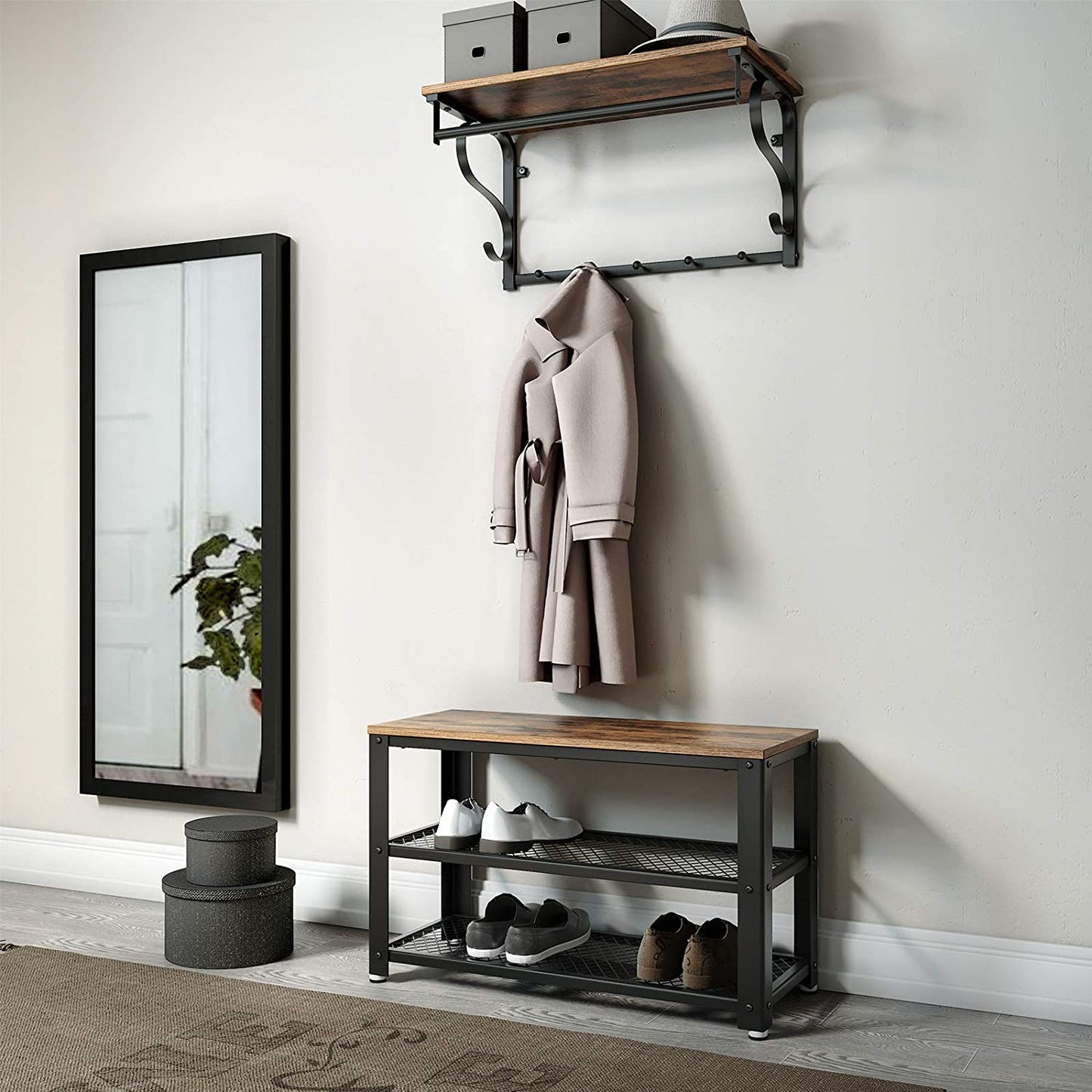Vasagle - Wandgarderobe mit Ablage, Wandregal mit 5 abnehmbaren Haken, wandmontiertes Hängeregal mit Hängestange, Vintagebraun-Schwarz