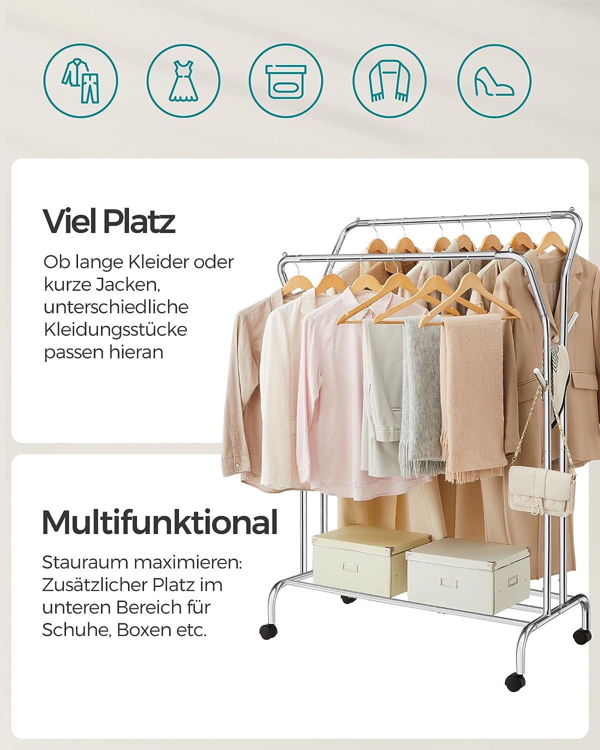 Kleiderständer, Kleiderständer Metall, Jackenständer, Schwerlast Kleiderständer, 2 Kleiderstangen, auf Rollen, SONGMICS, 3
