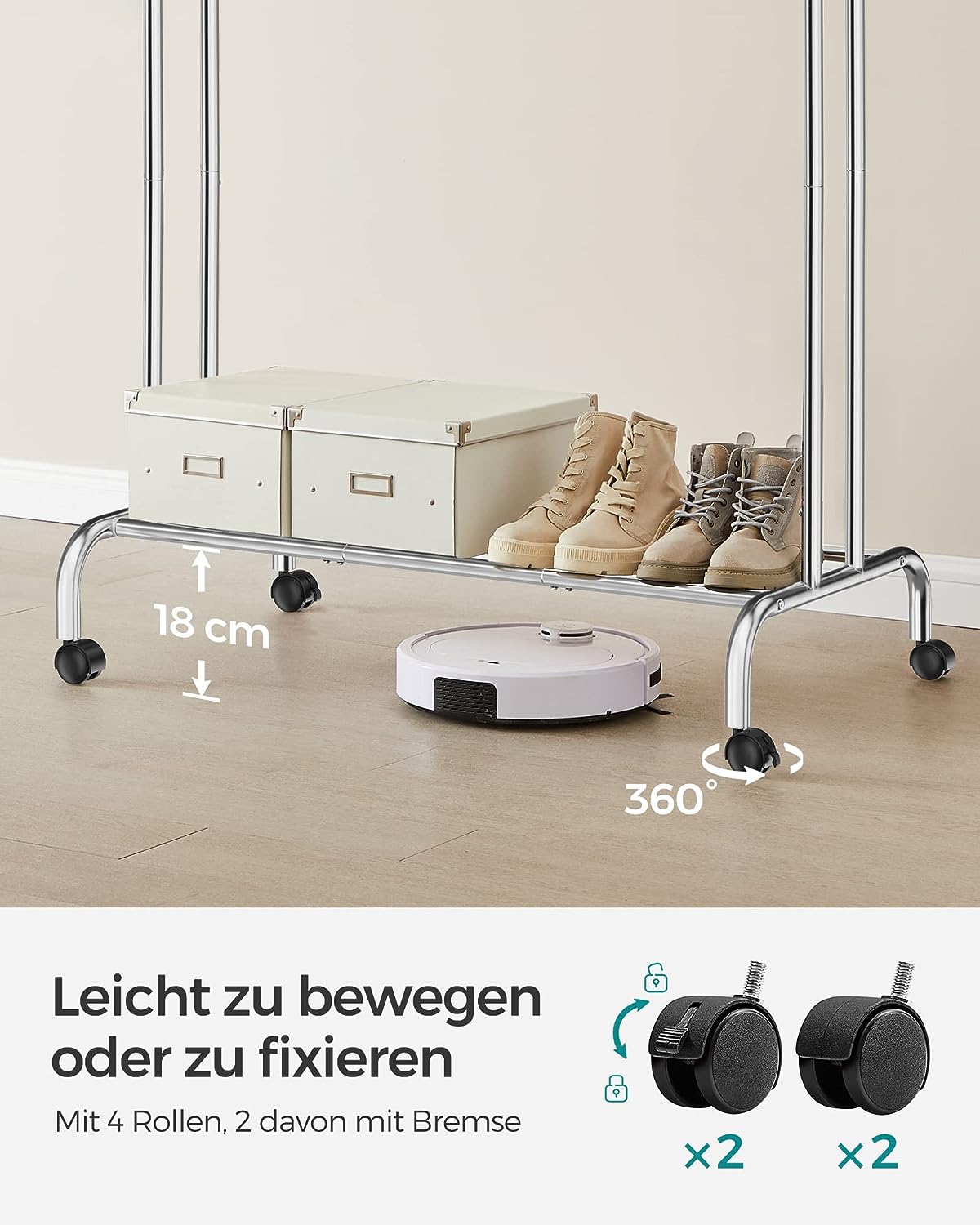 Kleiderständer, Kleiderständer Metall, Jackenständer, Schwerlast Kleiderständer, 2 Kleiderstangen, auf Rollen, SONGMICS, 5