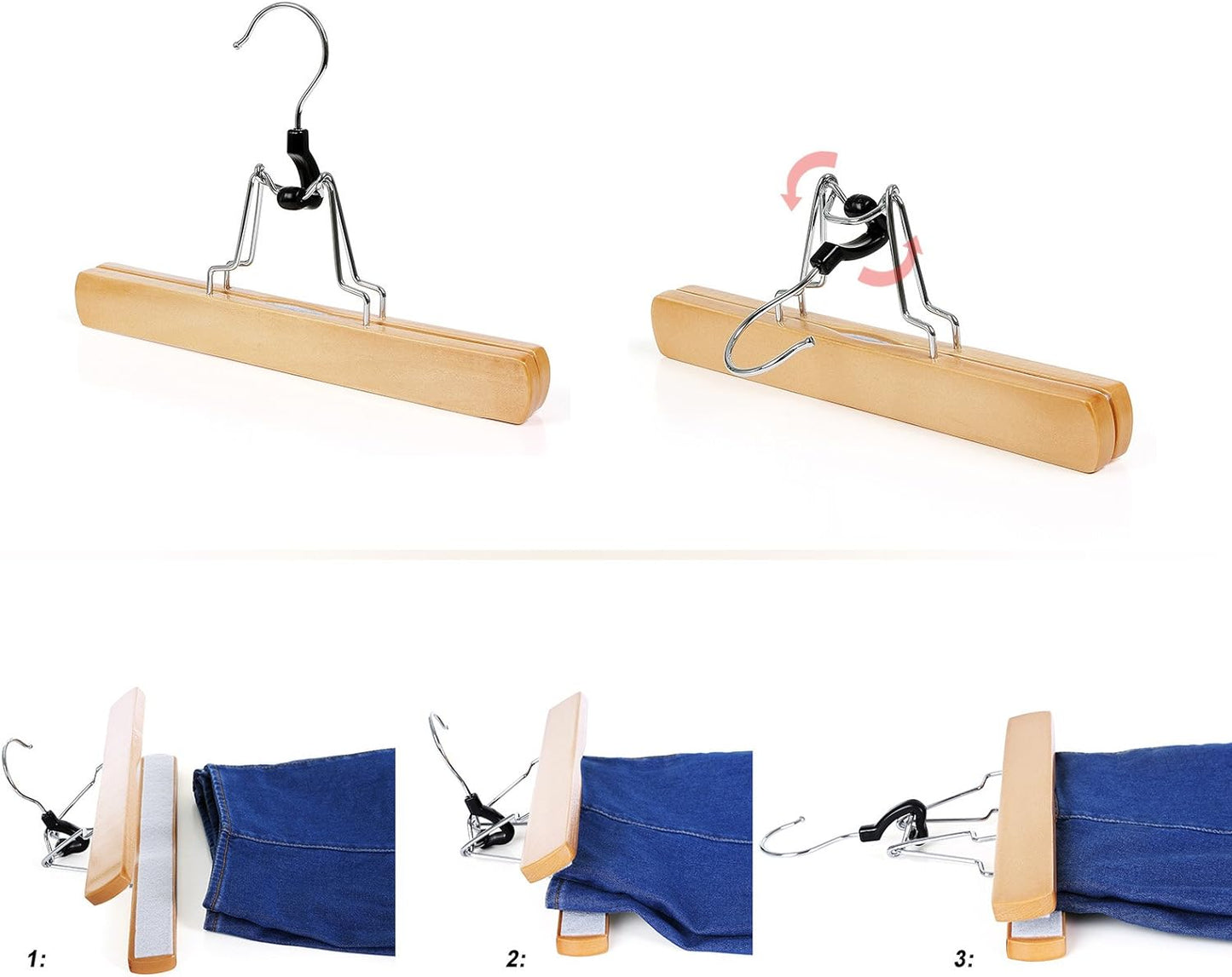 Kleiderbügel Holz, Hosenspanner, 12 Stück, Hosenbügel, rutschfest, verchromter Haken, um 360 Grad drehbar, Natur, SONGMICS, 5