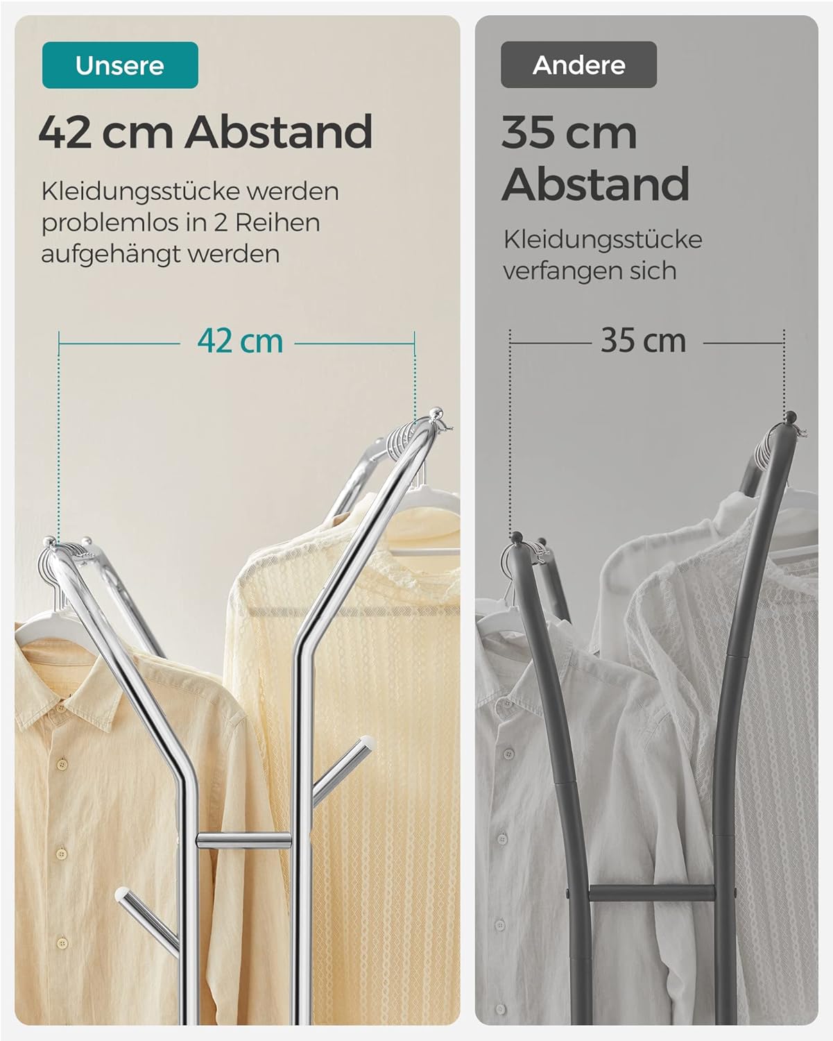 Kleiderständer, Kleiderständer Metall, Jackenständer, Schwerlast Kleiderständer, 2 Kleiderstangen, auf Rollen, SONGMICS, 4