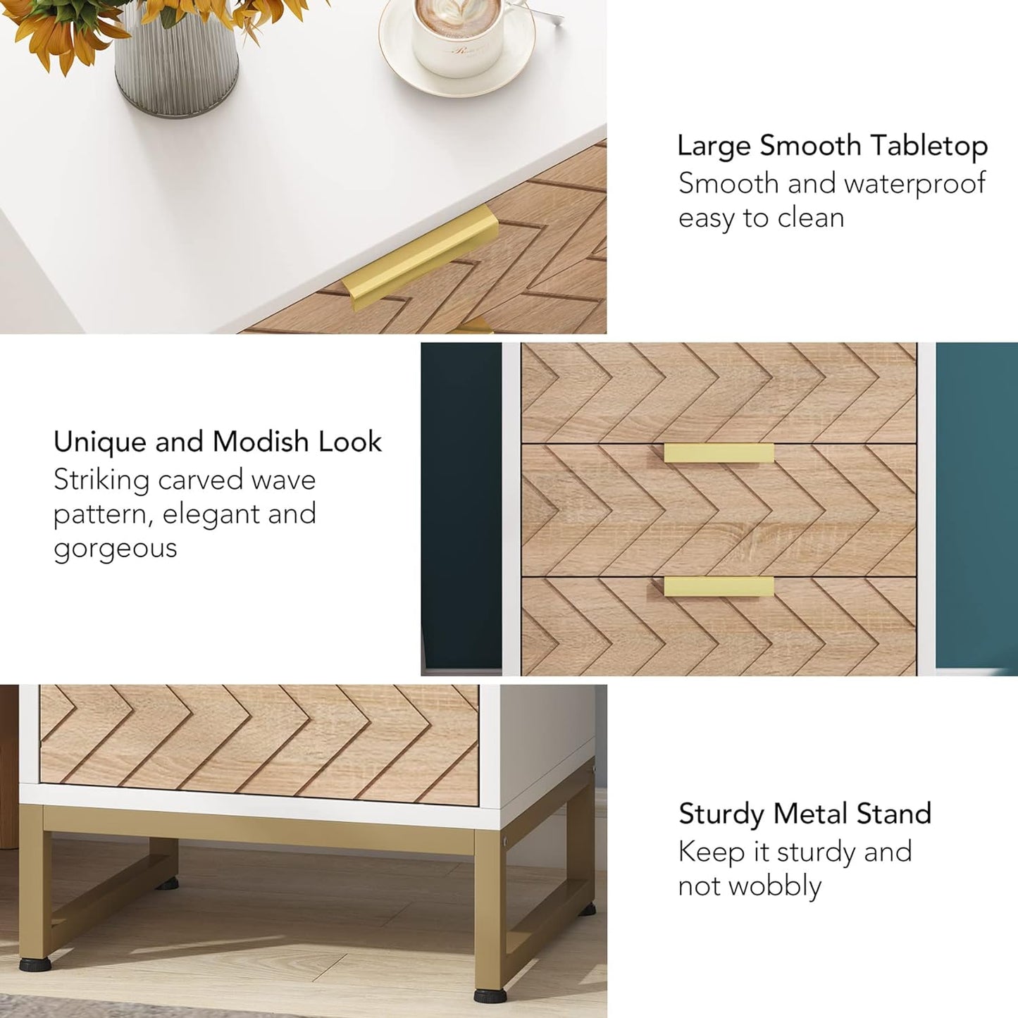 Tribesigns - Nachttisch mit 3 Schubladen, Nachttisch mit einzigartigem Zickzack Design, Beistelltisch für Schlafzimmer und Wohnzimmer, Weiß & Gold