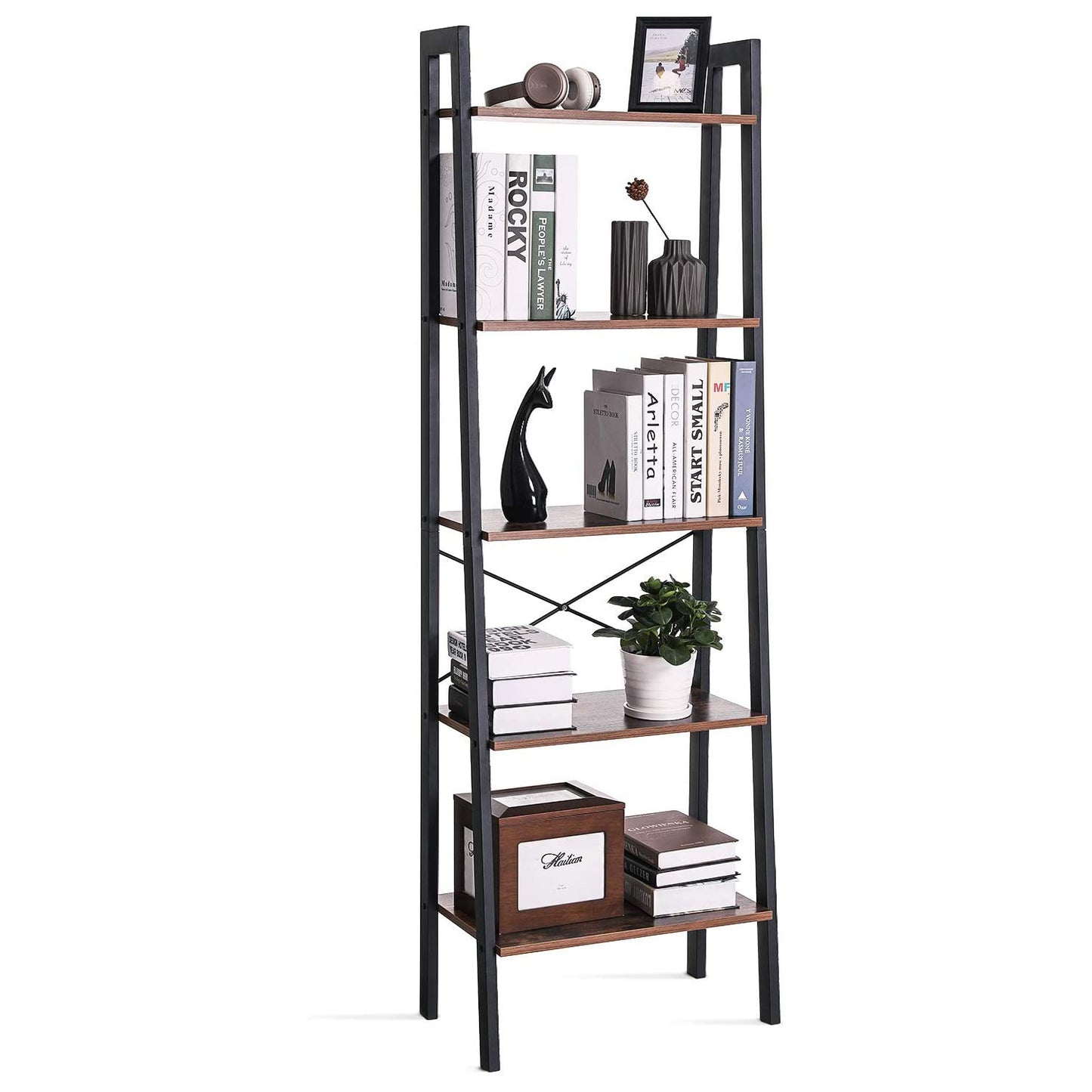 Vasagle - Standregal, Bücherregal mit 5 Ablagen, mit Metallgestell, einfache Montage, für Wohnzimmer, Schlafzimmer, Küche, Vintagebraun-Schwarz
